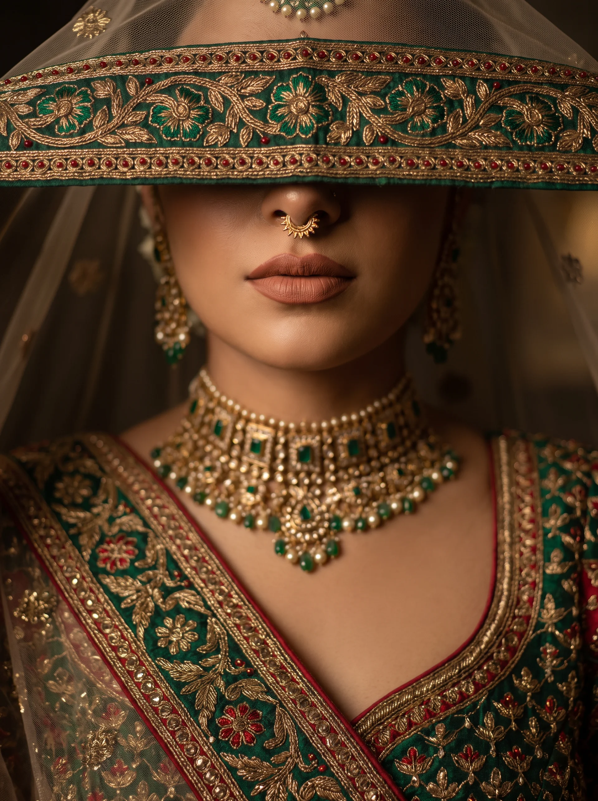 Kundan choker and nath under an embroidered veil